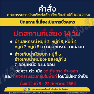 เชียงใหม่-สั่งปิดเพิ่ม 5 หมู่บ้าน และ 2 อ่างเก็บน้ำในอำเภอแม่ออน หลังพบผู้ติดเชื้อต่อเนื่อง