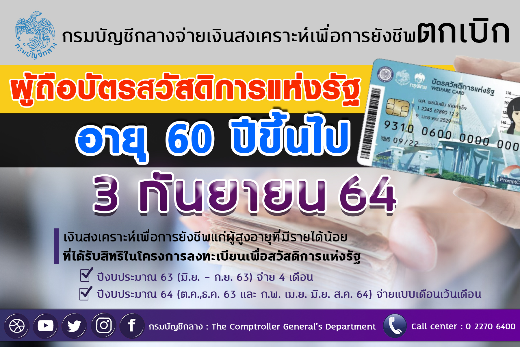 อุตรดิตถ์-กรมบัญชีกลางจ่ายเงินสงเคราะห์ฯ ตกเบิกผู้สูงอายุ 60 ปีขึ้นไป ถือบัตรสวัสดิการแห่งรัฐ