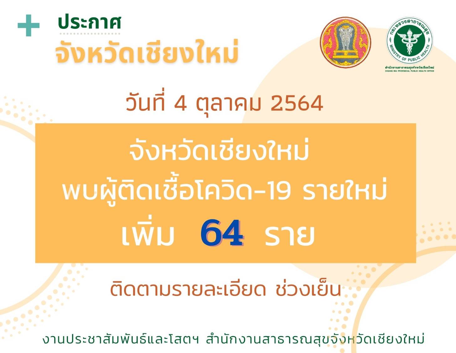 เชียงใหม่-พบผู้ติดเชื้อรายใหม่เพิ่ม 64 ราย