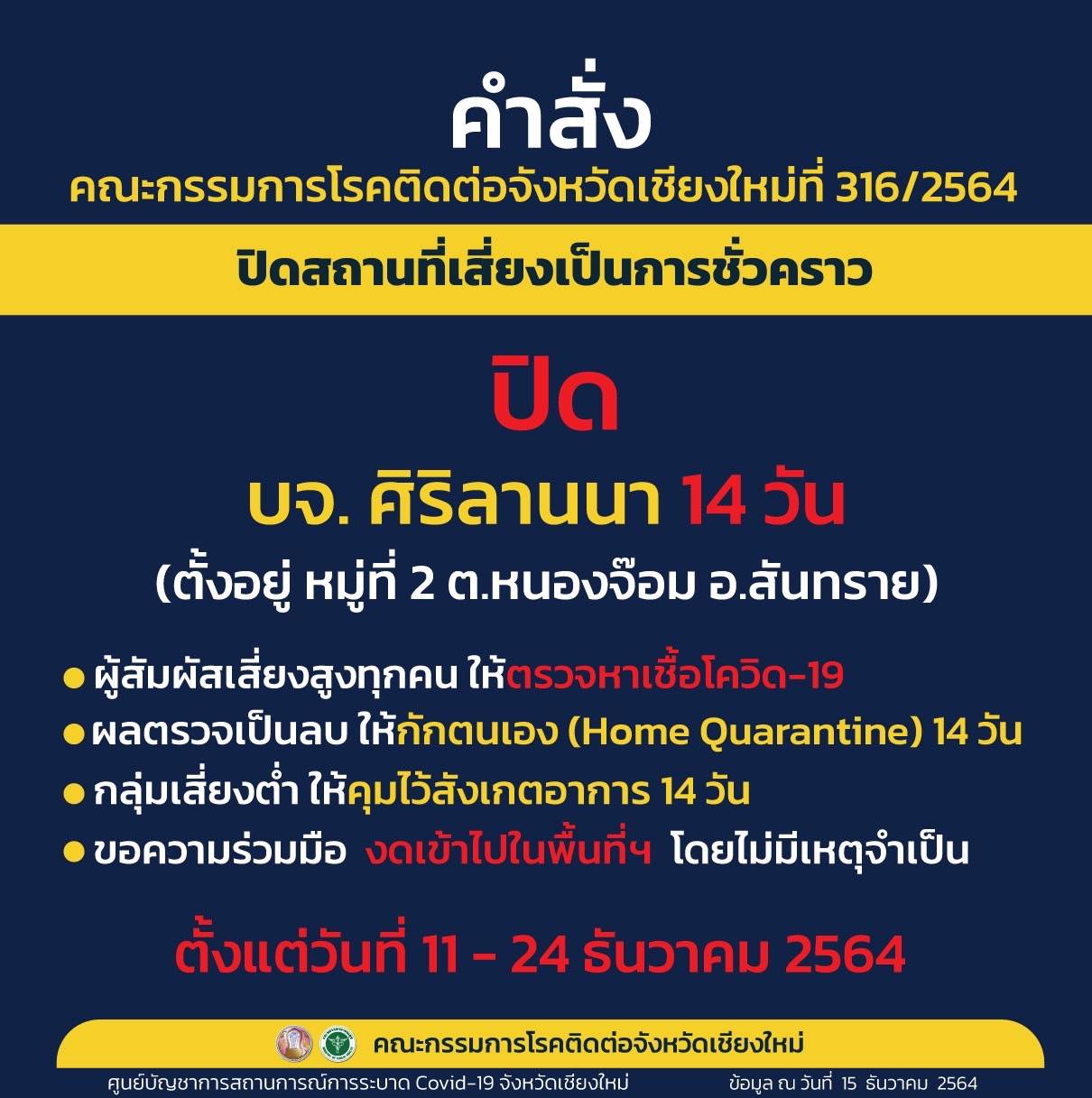 เชียงใหม่-สั่งปิดสถานที่ทำงานและหอพัก รวม 6 แห่ง เพื่อควบคุมและป้องกันโรค