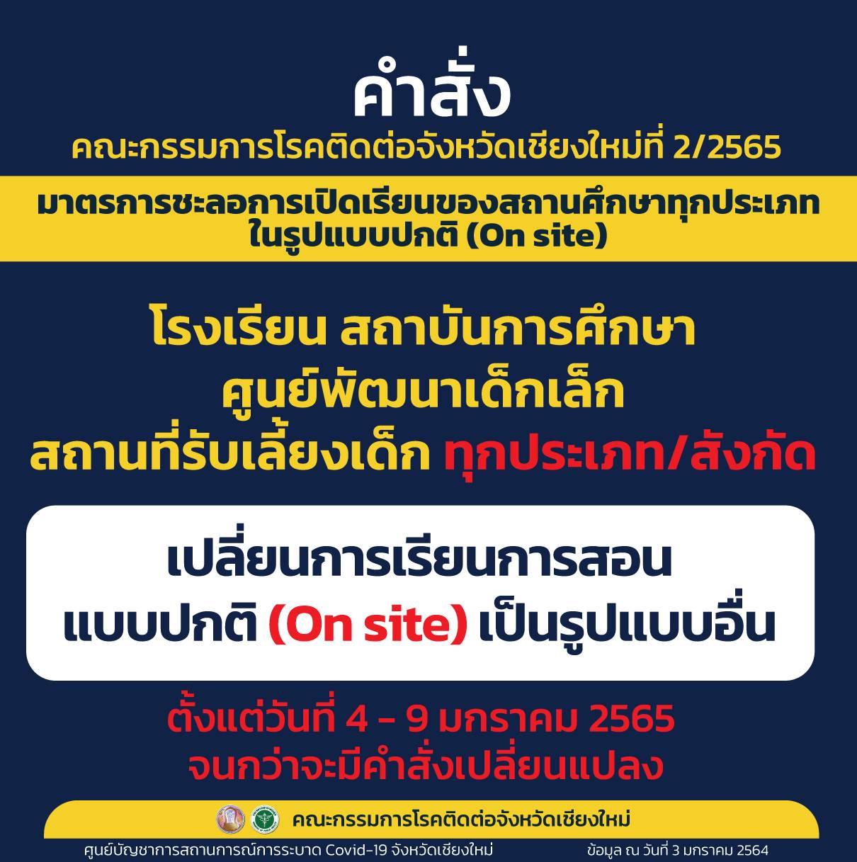 เชียงใหม่-สั่งทุกสถานศึกษา ชะลอการเรียนแบบ On site ตั้งแต่ 4 – 9 มกราคม 2565